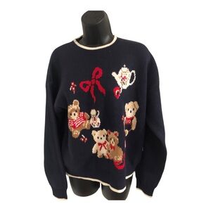 navy red bow teapot teddy bear stuffie embroidered‎ cardigan sweater size large